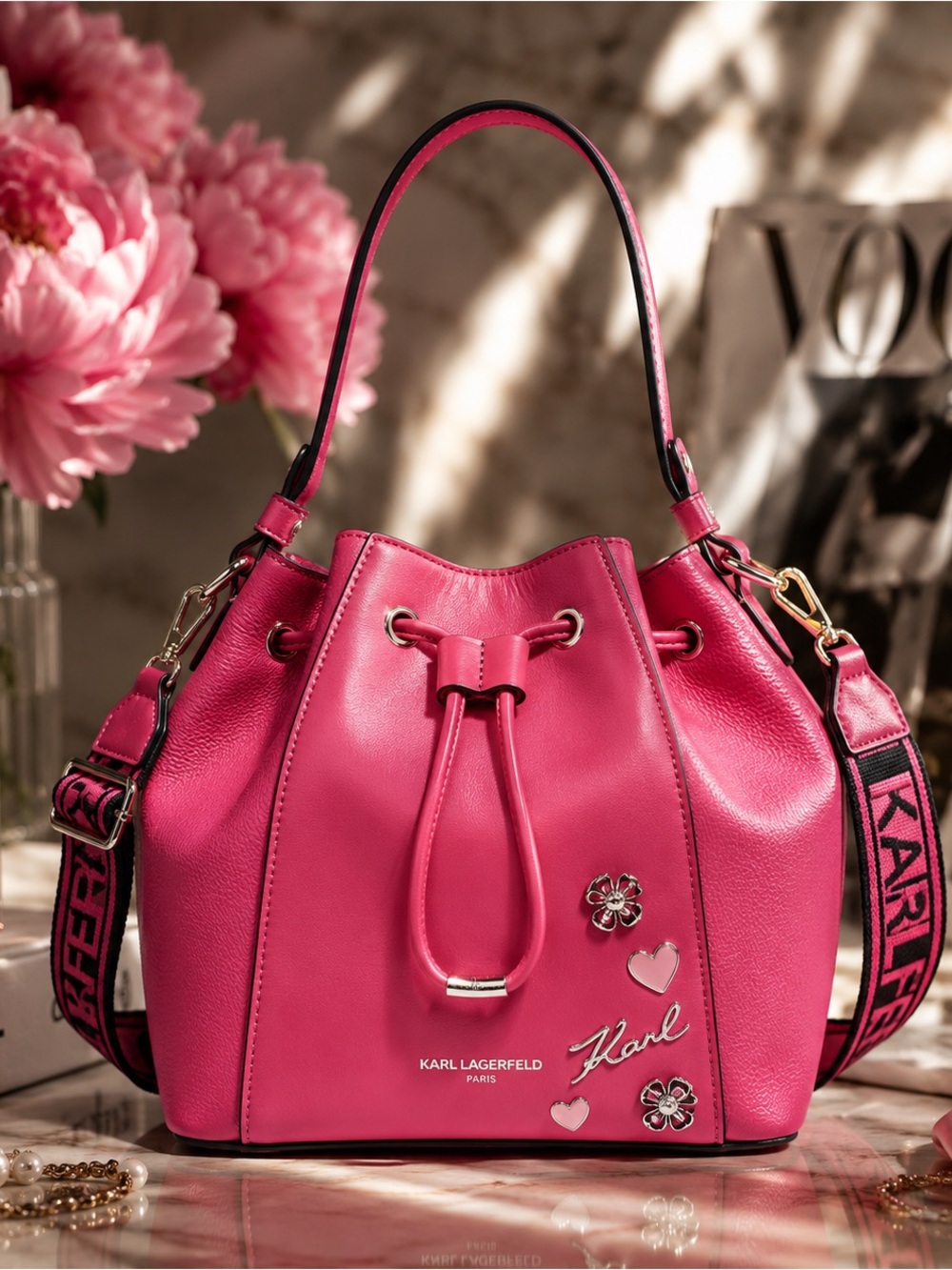Pink Drawstring Bucket Crossbody Bag + KARL & CHOUPETTE DUO BAG CHARM - Picture 5 of 17